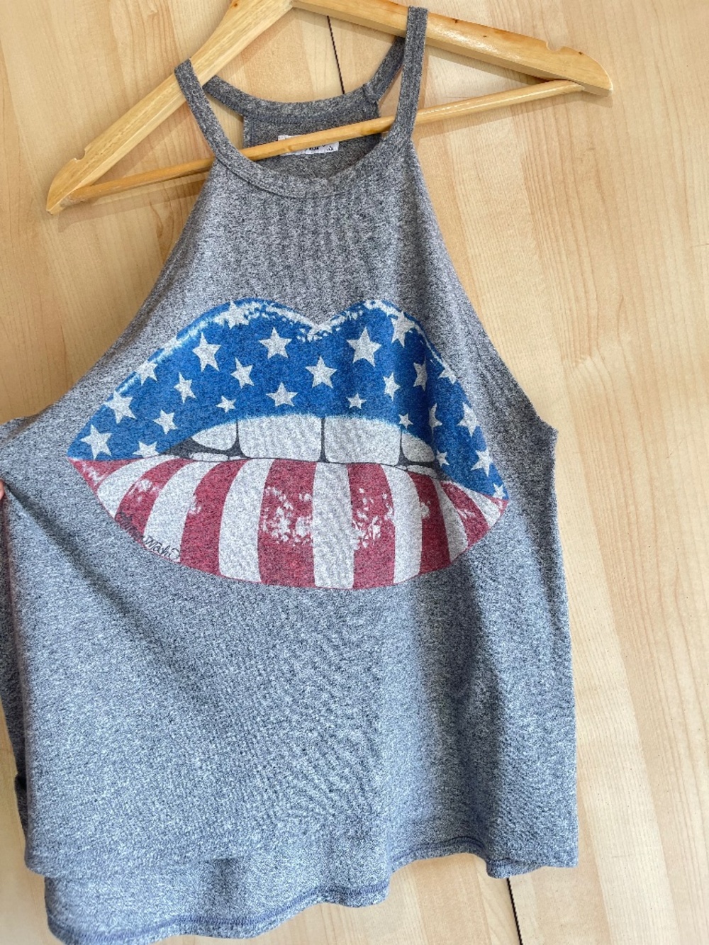 Lauren Moshi Gray Halter Tank with American Flag Lip Graphic